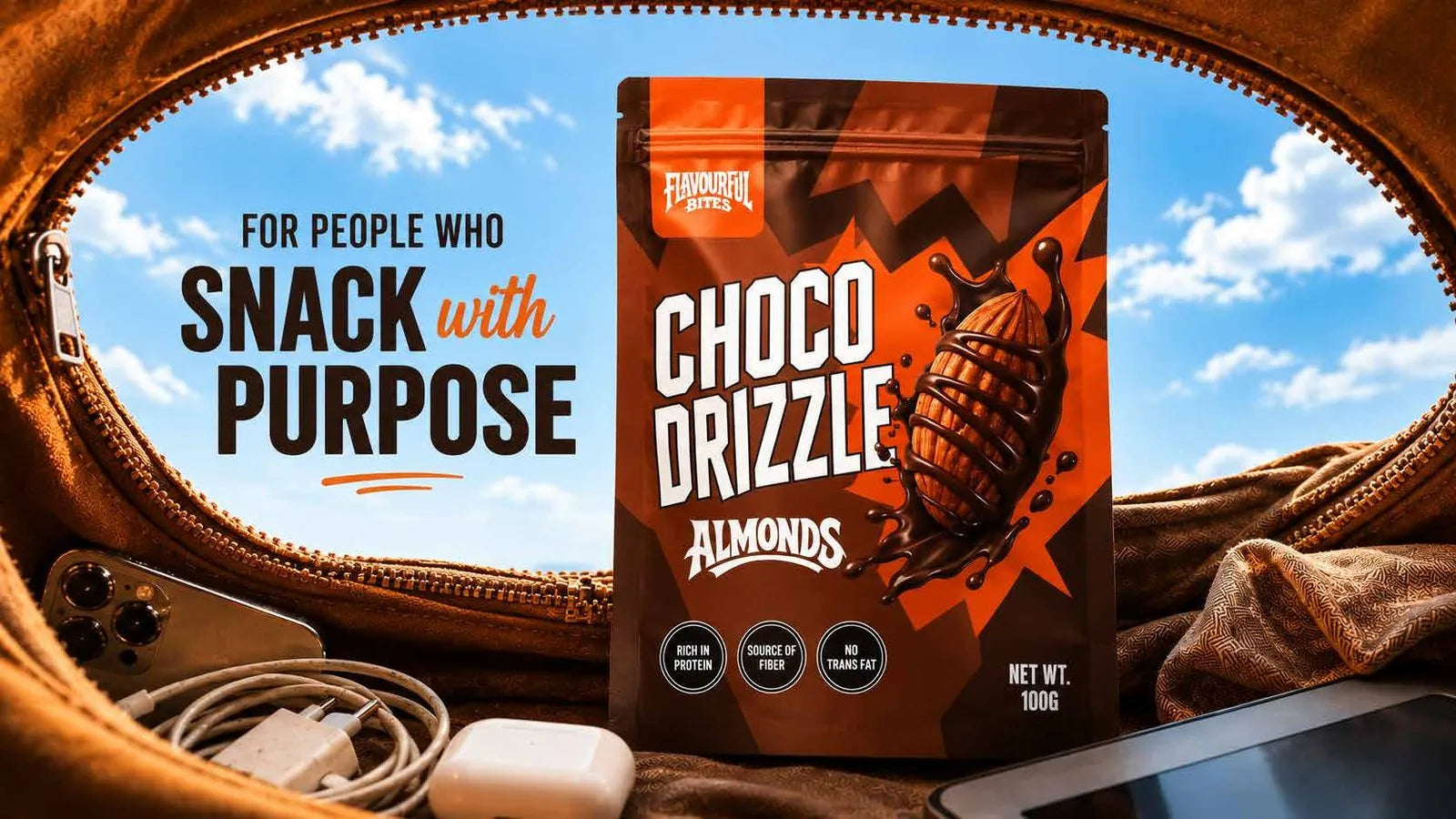 Choco Drizzle Almonds pouch in an open bag: for people who snack with purpose